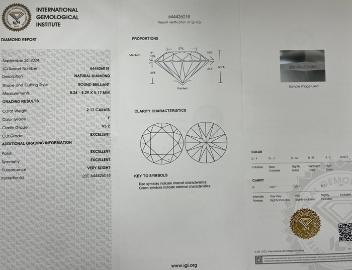 1 pcs Diamant  (Natur)  - 2.17 ct - Rund - F - VS2 - International Gemological Institute (IGI) - *3EX Meget lille*