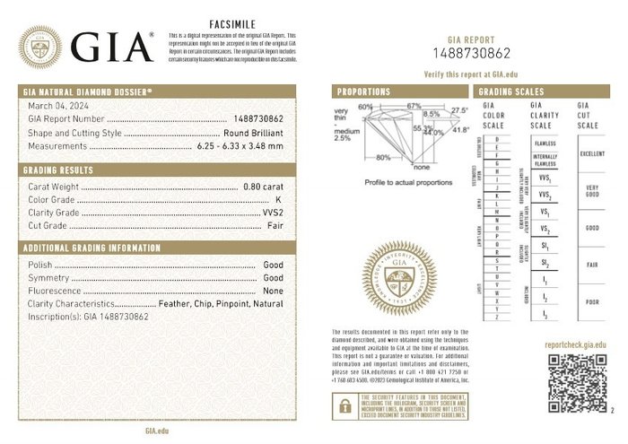 1 pcs Diamant  (Natur)  - 0.80 ct - Rund - K - VVS2 - Gemological Institute of America (GIA)