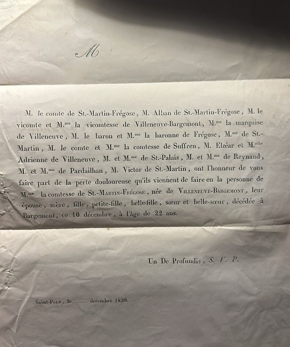 Frankrig 1838 - Sjælden Faire-Part de Saint Pons pour Mazamet en Port-Payé