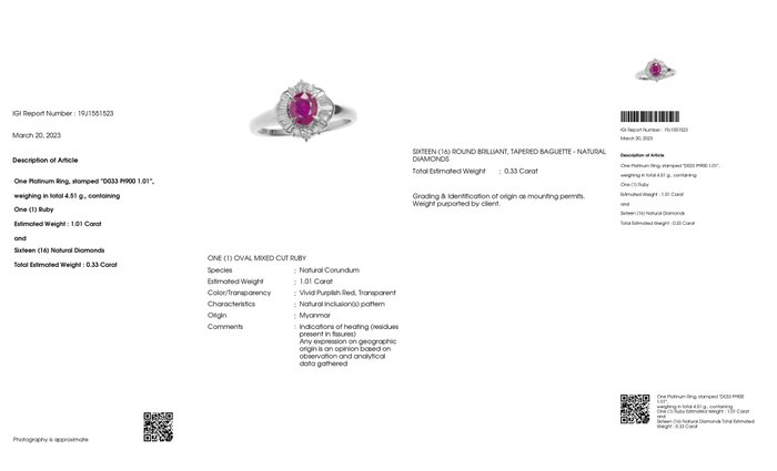 Cocktailring Platin -  1.34ct. tw. Rubin - Diamant - BURMA