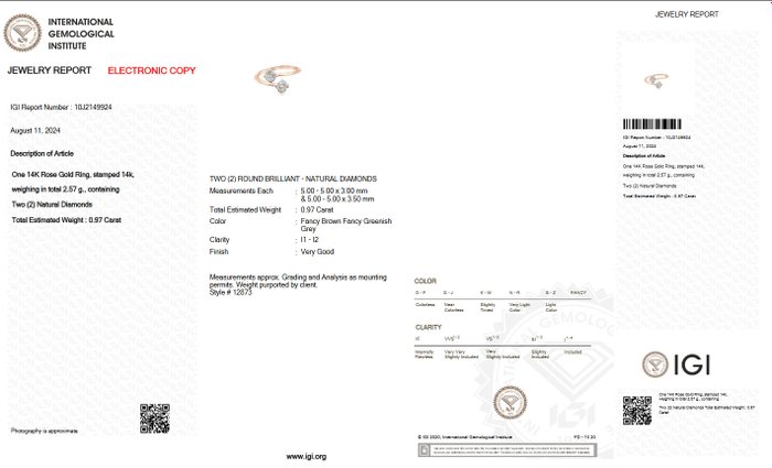 Ingen mindstepris - Ring - 14 karat Rosaguld -  097ct tw Diamant (Naturfarvet) - IGI