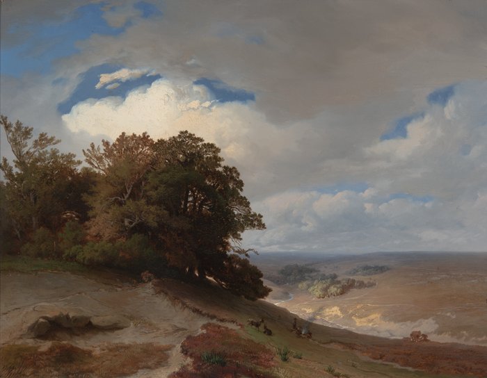 Jean-Baptiste Kindermans (1821-1876) - Een Uitgestrekt Landschap met Boeren bij een Kampvuur (no reserve)