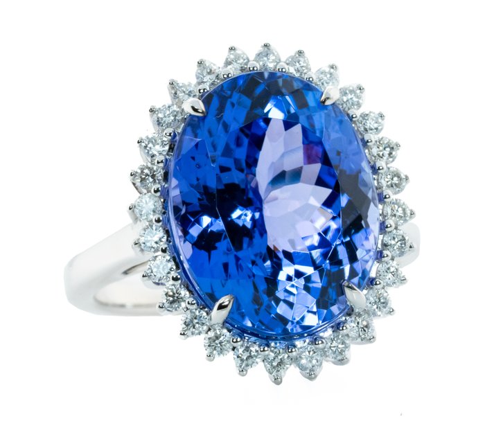 Ring - 18 kraat Hvidguld, Levende Violetish Blue (D-Block) -  11.87ct. tw. Tanzanit - Diamant - 0,50 ct - SI