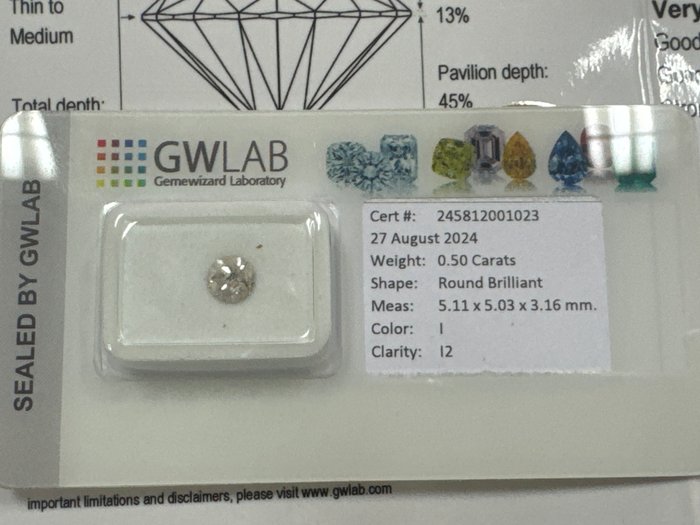 Ingen mindstepris - 1 pcs Diamant  (Natur)  - 0.50 ct - Rund - I - I2 - Gemewizard Gemological Laboratory (GWLab)