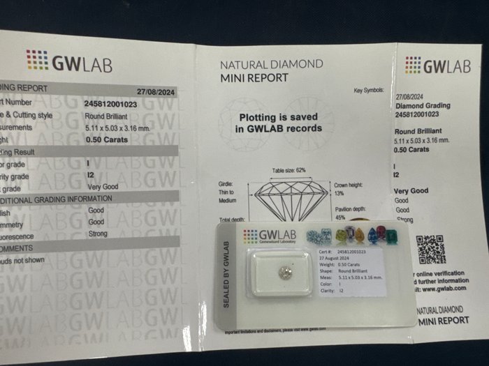 Ingen mindstepris - 1 pcs Diamant  (Natur)  - 0.50 ct - Rund - I - I2 - Gemewizard Gemological Laboratory (GWLab)