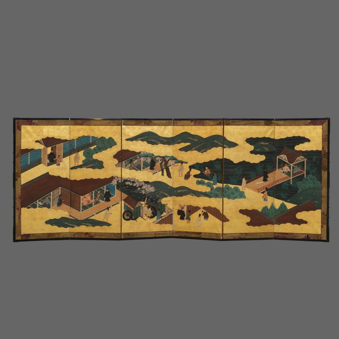 Byôbu 屏風 (foldeskærm) - Lakeret træ Silke Papir Bladguld - Japan - 1800-tallet (sen Edo-periode/tidlig Meiji-periode)