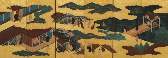 Byôbu 屏風 (foldeskærm) - Lakeret træ Silke Papir Bladguld - Japan - 1800-tallet (sen Edo-periode/tidlig Meiji-periode)