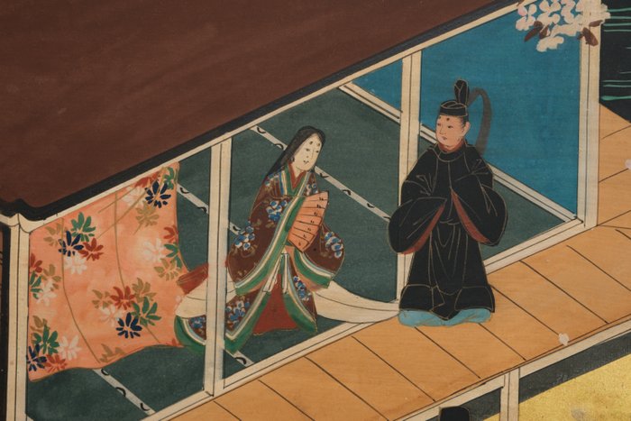 Byôbu 屏風 (foldeskærm) - Lakeret træ Silke Papir Bladguld - Japan - 1800-tallet (sen Edo-periode/tidlig Meiji-periode)