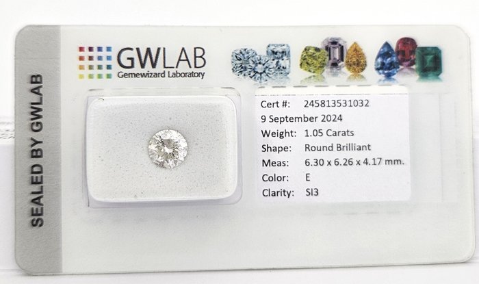 Ingen mindstepris - 1 pcs Diamant  (Natur)  - 1.05 ct - Rund - E - SI3 - Gemewizard Gemological Laboratory (GWLab)