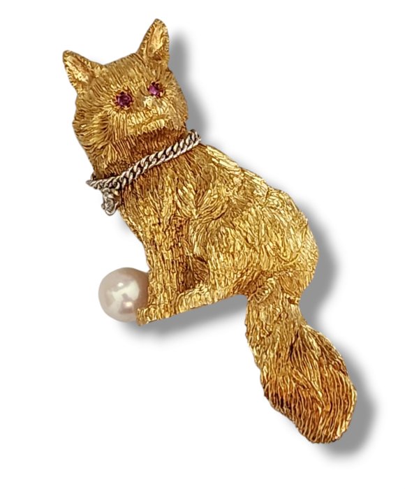 Broche - 18 kraat Gulguld, Vintage 18k Kitty Cat broche med diamantkrave og rubinøjne 24 gram