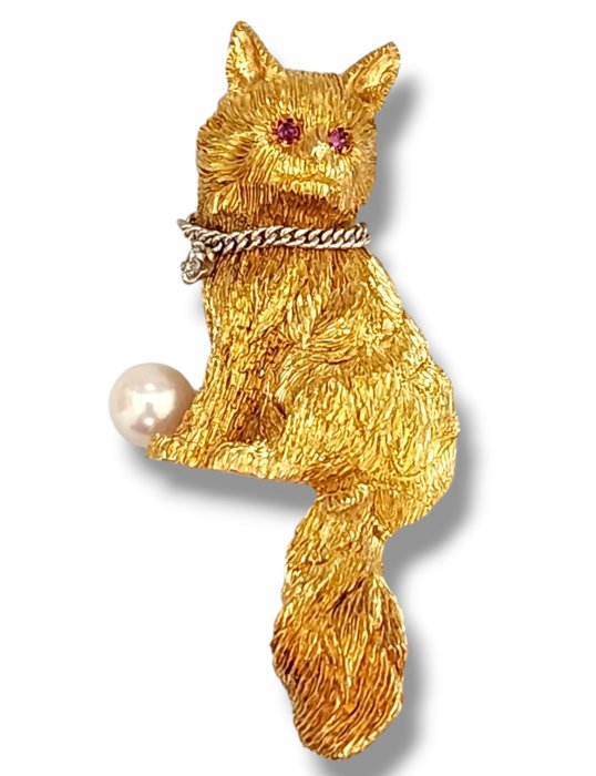 Broche - 18 kraat Gulguld, Vintage 18k Kitty Cat broche med diamantkrave og rubinøjne 24 gram