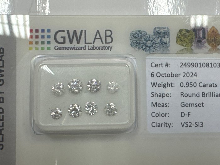 Ingen mindstepris - 8 pcs Diamant  (Natur)  - 0.95 ct - Rund - D (farveløs), E, F - SI1, SI2, SI3, VS2 - Gemewizard Gemological Laboratory (GWLab)