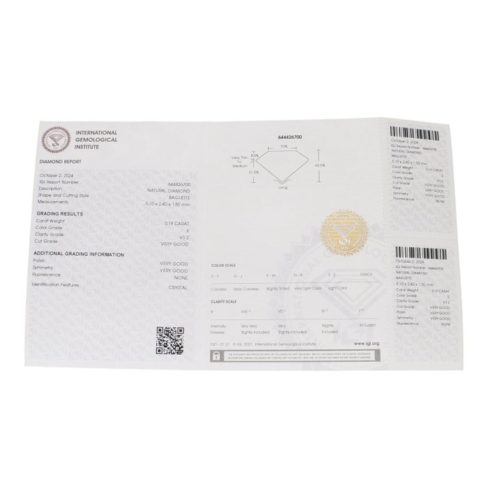 Ingen mindstepris - 1 pcs Diamant  (Natur)  - 0.19 ct - E - VS2 - International Gemological Institute (IGI) - Baguette