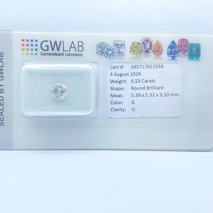 Ingen mindstepris - 1 pcs Diamant  (Natur)  - 053 ct - Rund - G - I1 - Gemewizard Gemological Laboratory (GWLab)