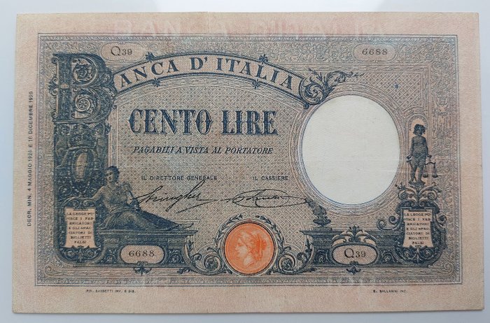 Italien. - 100 Lire 04/05/1926 Grande B "Azzurrina" - Gigante BI 16B