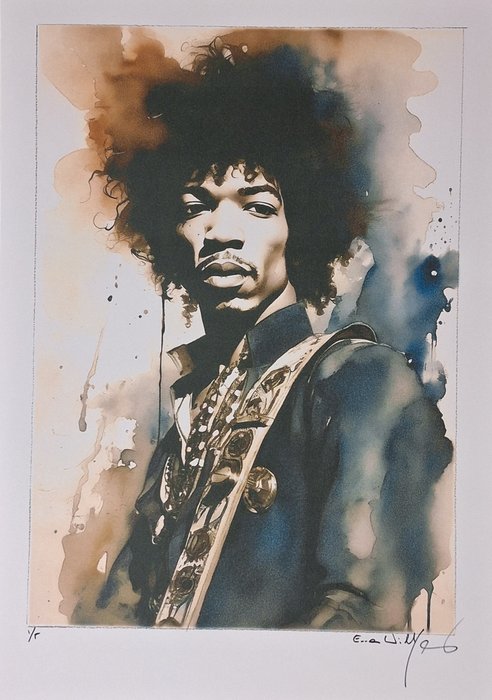 Jimi Hendrix by Emma Wildfang - Watercolor Edition - Fine Art High-Quality Giclée - Begrænset oplag - 2024