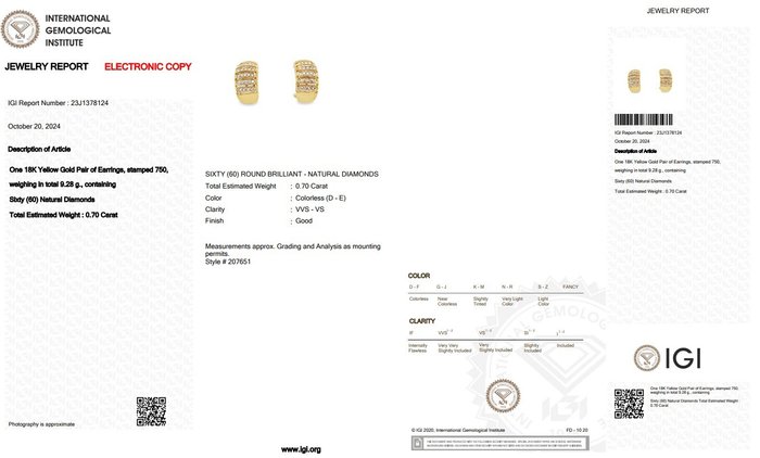 Øreringe - 18 kraat Gulguld -  0.70ct. tw. Diamant (Natur)