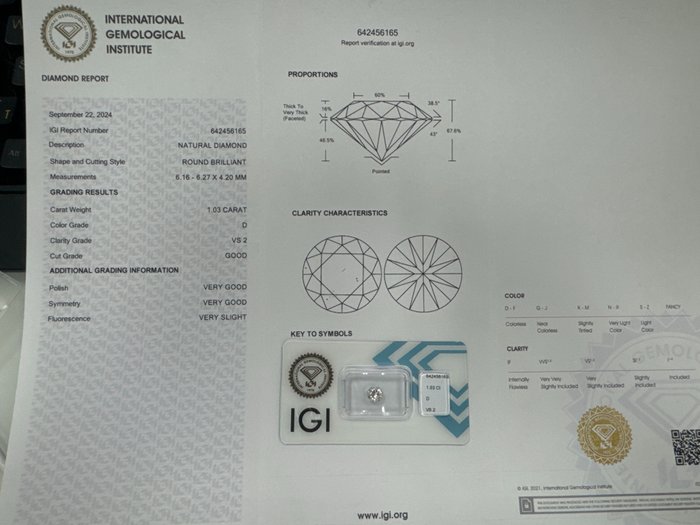 1 pcs Diamant  (Natur)  - 1.03 ct - Rund - D (farveløs) - VS2 - International Gemological Institute (IGI)