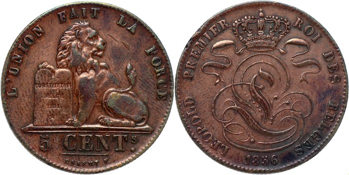 Belgien. Leopold I (1831-1865). 5 Centimes 1856 - broken E in BRAEMT - MINT ERROR: die break - SCARCE