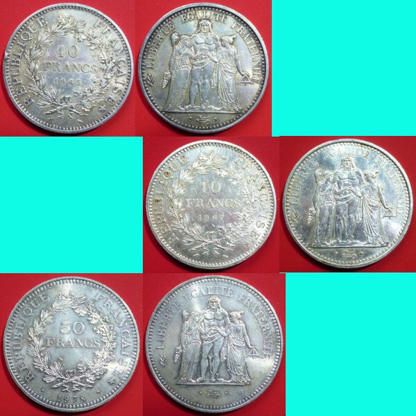 Frankrig. Lot of 3 silver coins (10 Francs  50 Francs Hercule) 1965/1978  (Ingen mindstepris)