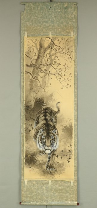 Makuri Silk Painting - White Tiger walking in Forest - Hotta Koseki 堀田耕石 - Japan  (Ingen mindstepris)