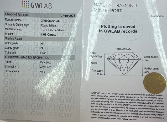 Ingen mindstepris - 1 pcs Diamant  (Natur)  - 1.06 ct - Rund - H - I3 - Gemewizard Gemological Laboratory (GWLab)