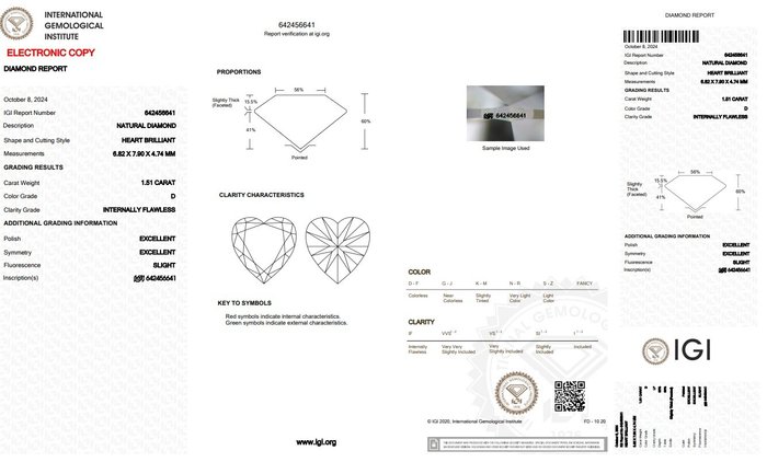 1 pcs Diamant  (Natur)  - 1.51 ct - Hjerte - D (farveløs) - IF - International Gemological Institute (IGI) - Top hjerte diamant