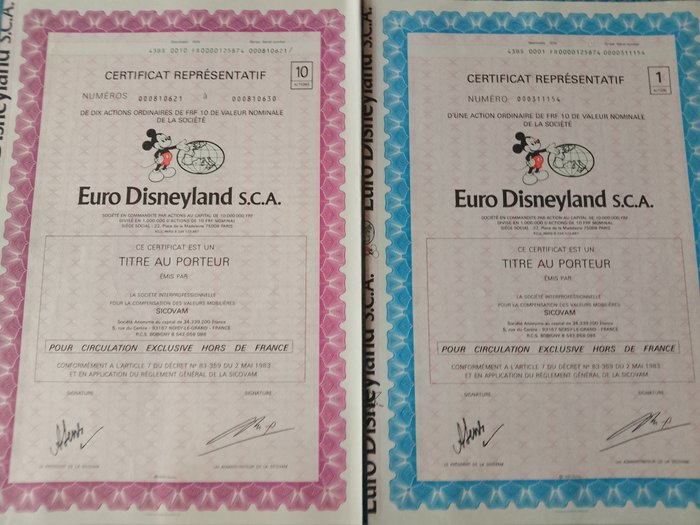 Mickey Mouse 75 - Verzamelaandeel Euro Disneyland Coupure van 1 en 10 aandelen - Løs side - Første franske udgave - (1983/1983)