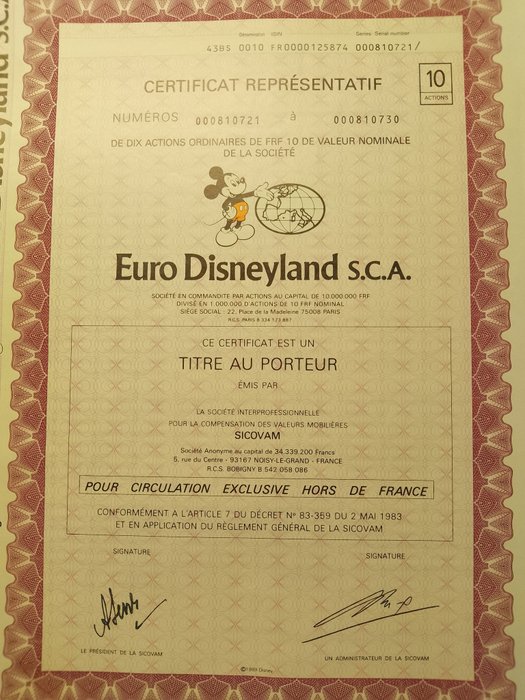 Mickey Mouse 75 - Verzamelaandeel Euro Disneyland Coupure van 1 en 10 aandelen - Løs side - Første franske udgave - (1983/1983)