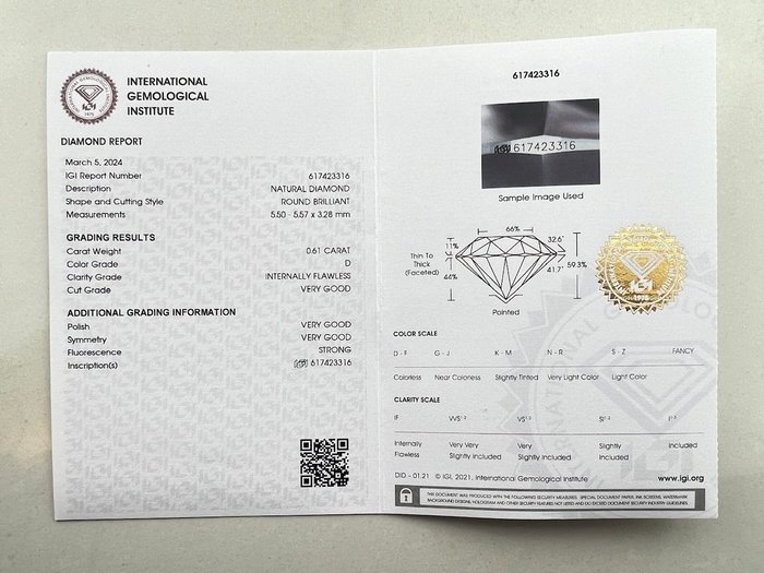 1 pcs Diamant  (Natur)  - 061 ct - Rund - D (farveløs) - IF - International Gemological Institute (IGI)