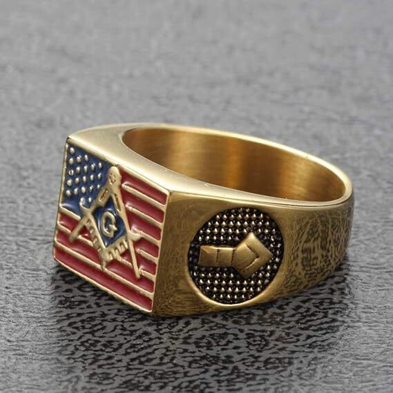 Tyskland - Smukke Free Masons 24 karat guldbelagte mænds ring med det amerikanske flag med frimurerlogoet på - Militærtilbehør