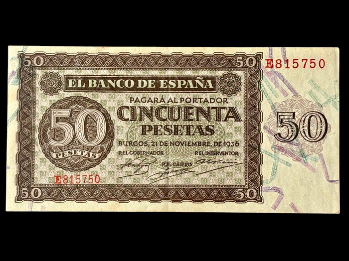 Spanien. - 50 Pesetas 1938 Burgos - (B035) - Pick 100  (Ingen mindstepris)