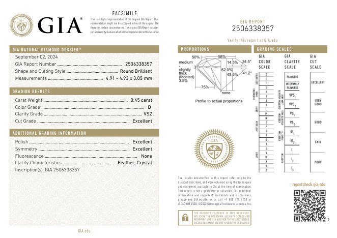 1 pcs Diamant  (Natur)  - 0.45 ct - Rund - D (farveløs) - VS2 - Gemological Institute of America (GIA)