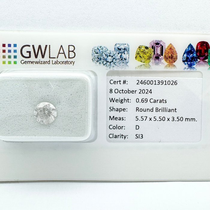 Ingen mindstepris - 1 pcs Diamant  (Natur)  - 0.69 ct - Rund - D (farveløs) - SI3 - Gemewizard Gemological Laboratory (GWLab)