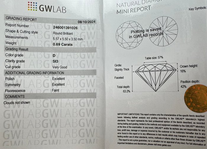 Ingen mindstepris - 1 pcs Diamant  (Natur)  - 0.69 ct - Rund - D (farveløs) - SI3 - Gemewizard Gemological Laboratory (GWLab)