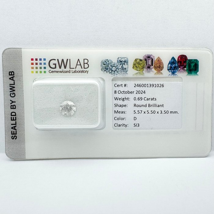 Ingen mindstepris - 1 pcs Diamant  (Natur)  - 0.69 ct - Rund - D (farveløs) - SI3 - Gemewizard Gemological Laboratory (GWLab)