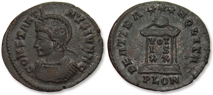 Romarriket Constantine II as Caesar Follis Londinium (London) mint 323-324 AD - mintmark PLON - BEAT TRANQLITAS reverse -