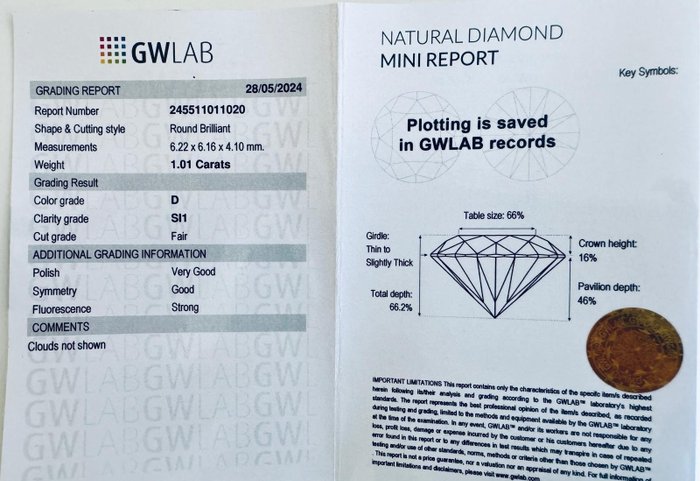 1 pcs Diamant  (Natur)  - 1.01 ct - Rund - D (farveløs) - SI1 - Gemewizard Gemological Laboratory (GWLab)