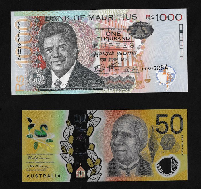 Verden. - Australia, Mauritius - 50 Dollars 2018 ; 1.000 Rupees 2020 - PicK W65 / 63  (Ingen mindstepris)