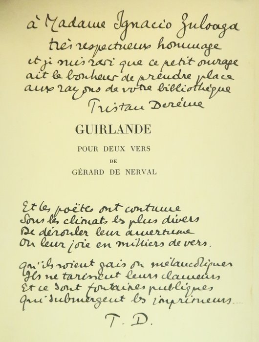 Signé; Tristan Derème / Jos Jullien - Guirlande pour deux vers de Gérard de Nerval‎ [avec envoi à Mme Ignacio Zuloaga] - 1926