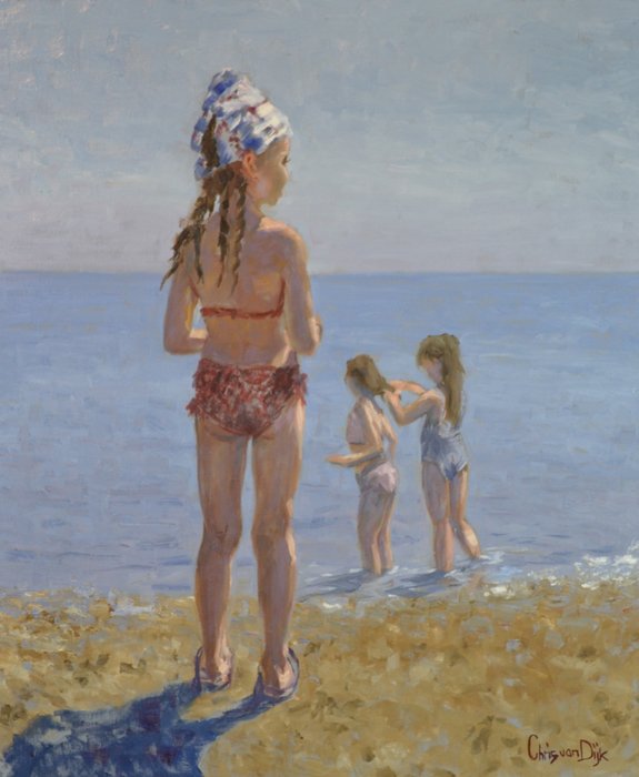 Chris van Dijk  (1952) Impressionist - " Three girls on the beach "