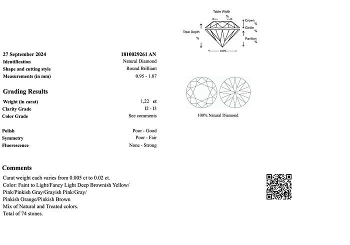 Ingen mindstepris - 74 pcs Diamant  (Natur)  - 1.22 ct - Rund - I2, I3 - Gem Report Antwerp (GRA) - INGEN RESERVEPRIS