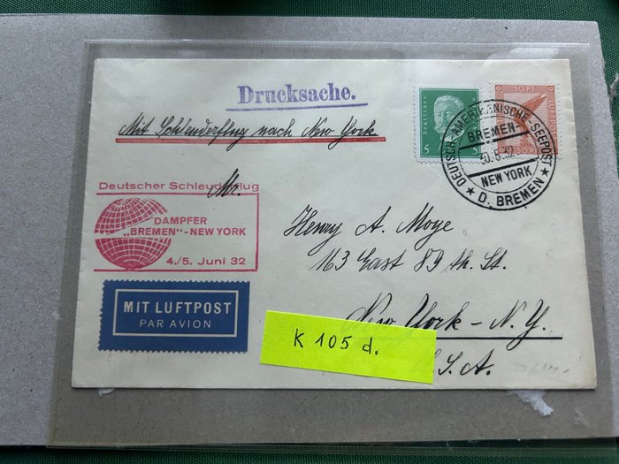 Postomslag - Katapult Post 1 kuvert rejst på D.BREMEN - 1932 - K. 105 d. /