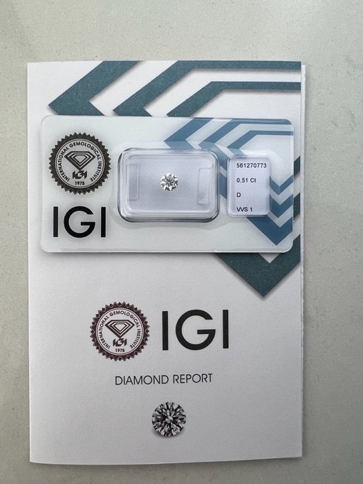 1 pcs Diamant  (Natur)  - 0.51 ct - Rund - D (farveløs) - VVS1 - International Gemological Institute (IGI)