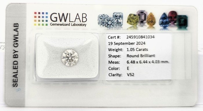 1 pcs Diamant  (Natur)  - 1.05 ct - Rund - E - VS2 - Gemewizard Gemological Laboratory (GWLab)