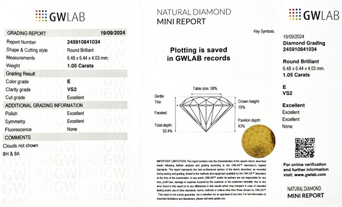 1 pcs Diamant  (Natur)  - 1.05 ct - Rund - E - VS2 - Gemewizard Gemological Laboratory (GWLab)