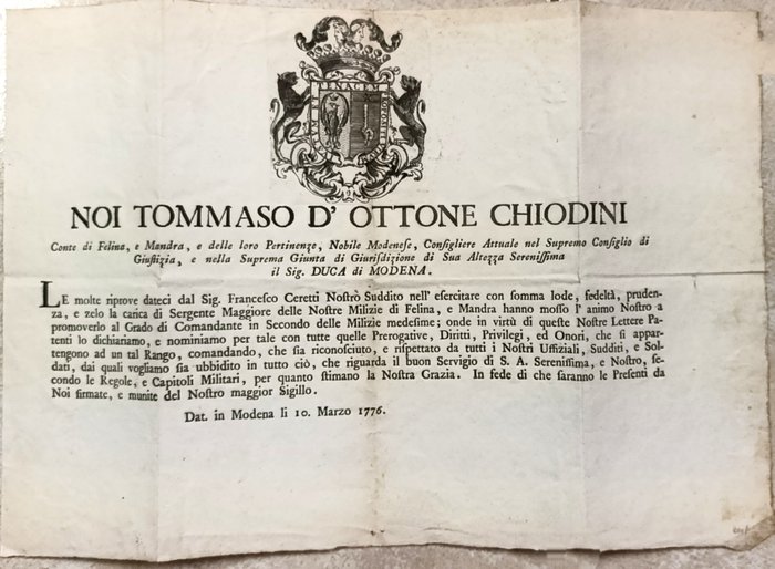 Dokument - Duca Modena Felina Tommaso d'Ottone Chiodini - Editto - 1776