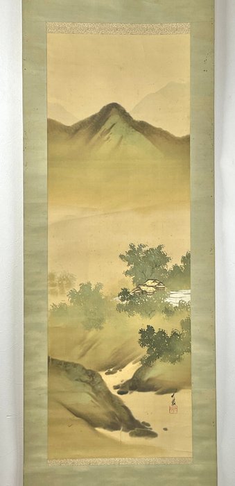 Japansk maleri – "Summer Landscape" af Otake Chikuhā 尾竹竹波, håndmalet hængende rulle på silke, - Otake Chikuhā 尾竹竹波 - Japan - 20. århundrede