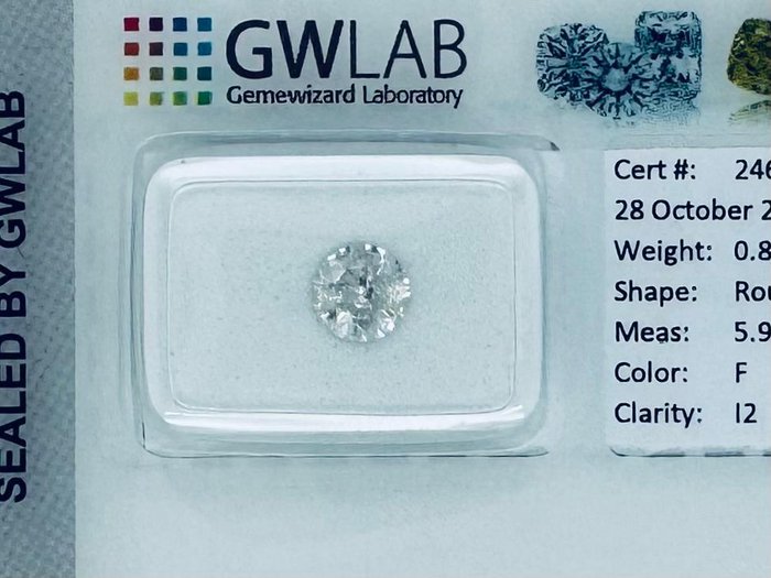 Ingen mindstepris - 1 pcs Diamant  (Natur)  - 0.82 ct - Rund - F - I2 - Gemewizard Gemological Laboratory (GWLab)