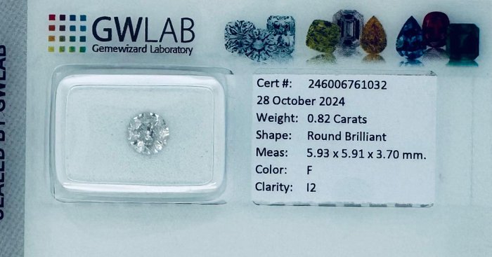 Ingen mindstepris - 1 pcs Diamant  (Natur)  - 0.82 ct - Rund - F - I2 - Gemewizard Gemological Laboratory (GWLab)